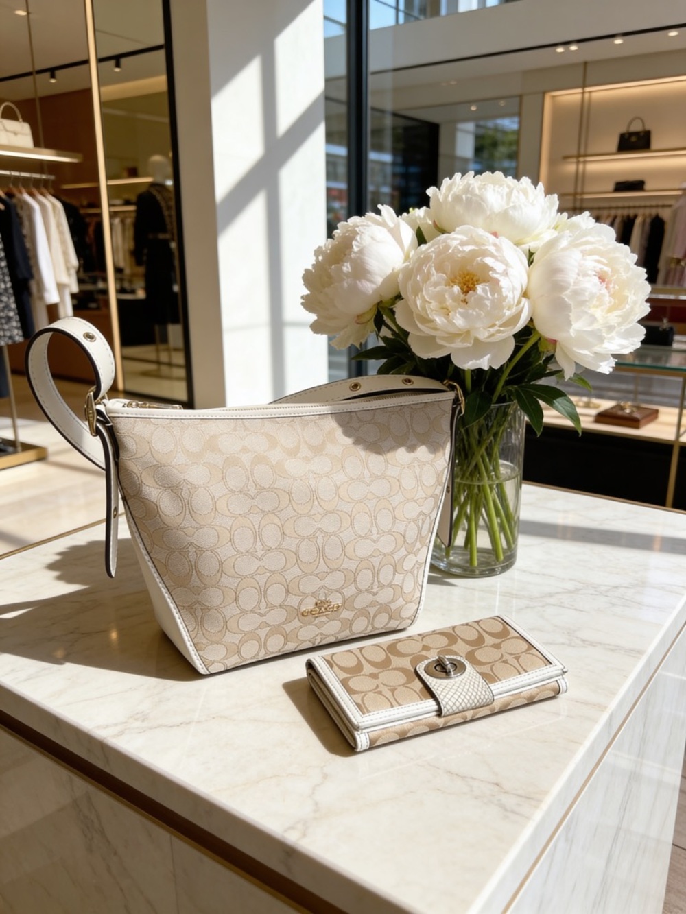 Coach Cream Monogram Shoulder Bag with Leather Trim and Wallet Set